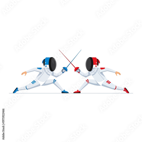Two Fencers in Protective Gear Duel with Swords on White Background