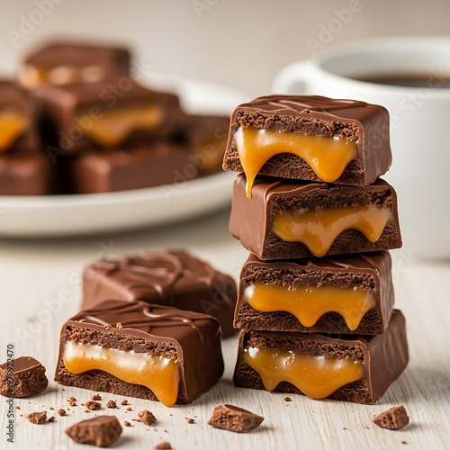 Stack of rectangular chocolate squares with oozing golden caramel filling, sitting on a light wooden surface with a blurred plate of chocolates and a white coffee cup in the background