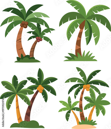 Illustration of palm trees on a tropical island with coconuts and green foliage, isolated on transparent background