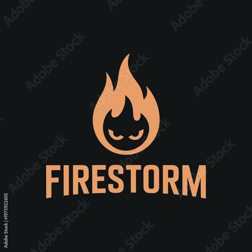 Modern logo design featuring a stylized flame with angry eyes and the word firestorm below, dark background