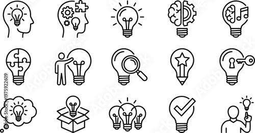 creative idea and innovation lightbulb icon set, brain strategy and logic thinking concepts, business solution and insight collection on transparent background