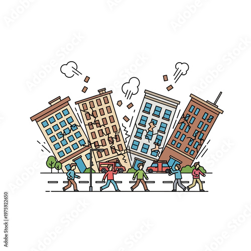 Earthquake Damage: Buildings Collapsing, People Fleeing Urban Disaster