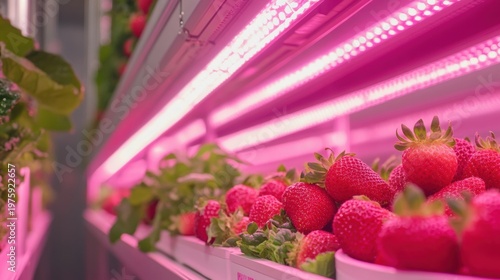 Futuristic Vertical Hydroponic Strawberry Farming in Thailand Under Pink LED Grow Lights: Innovation in Agriculture