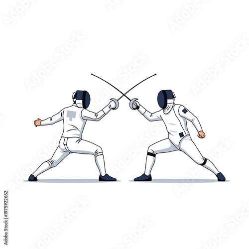 Two Fencers in Protective Gear Sparring with Swords on White Background