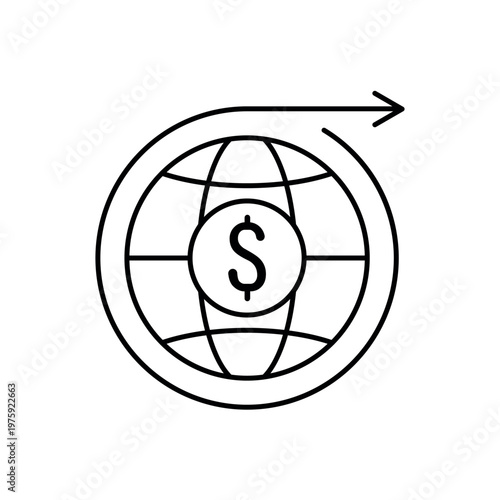 icon a linear economy with globe dollar currency and outgoing arrow, isolated against a clean background.