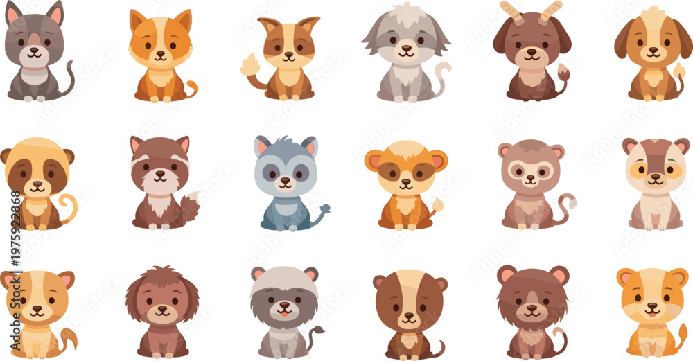Fototapeta premium Cute Animal Collection with Dogs, Cats, Monkeys, and More for Kids, Pet Illustrations, and Cartoon Characters