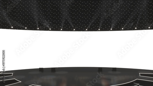 Modern empty stage for conference, exhibition, or party presentation with lighting, ideal for event branding and promotional displays. Empty stage for exhibition or event presentation, party scene 