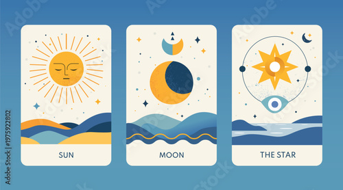 Sun moon star celestial illustration landscape graphic design nature astrology night sky vibrant colors abstract symbols spiritual harmony cosmic