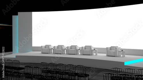 Modern empty stage for conference, exhibition, or party presentation with lighting, ideal for event branding and promotional displays. Empty stage for exhibition or event presentation, party scene 