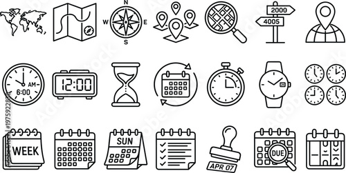 time and navigation icon set, calendar schedule and location map collection, management and clock symbols on transparent background