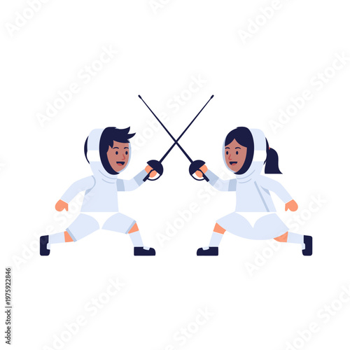 Children Fencing Duel - Kids in Fencing Gear Sparring with Swords, Vector Illustration