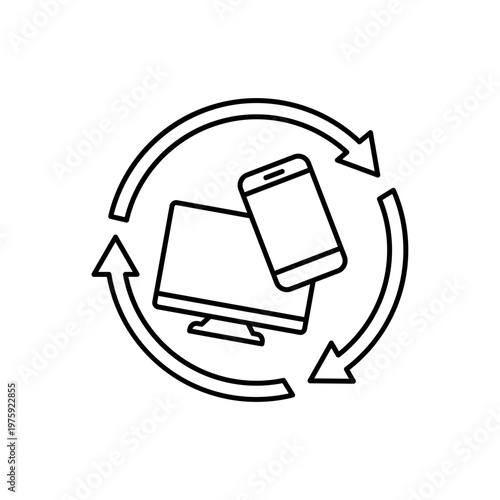 icon an e-waste with monitor smartphone and circular refresh arrows, isolated against a clean background.