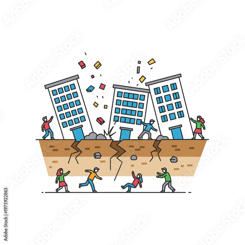 Earthquake Disaster: Buildings Collapsing, People Fleeing Danger, Ground Cracking