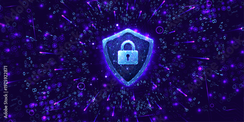 Digital shield protection symbol with padlock icon floating in space with binary code data and neon glowing particles.