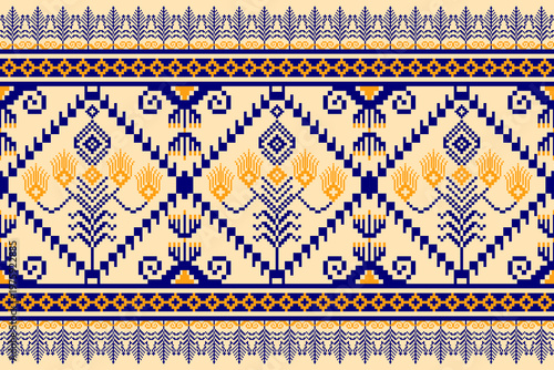 Seamless Pixel Art Ethnic Pattern with Traditional Embroidery Borders. This intricate repeat design features geometric diamond motifs and floral elements.