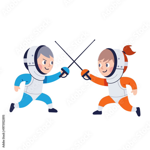 Children Fencing Match - Two Kids in Uniforms Sparring with Swords