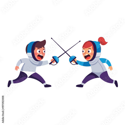 Children Fencing Match: Two kids in protective gear dueling with swords, active sport illustration