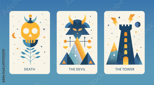 Death, Devil, Tower tarot cards feature symbolic illustrations representing transformation, temptation, and change