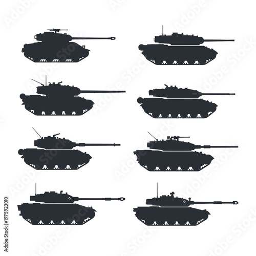 Military Tank Silhouettes Collection: Various Armored Vehicles Set