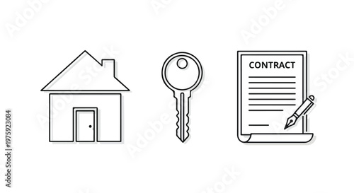 Real estate, property icons, house, key, contract, line art
