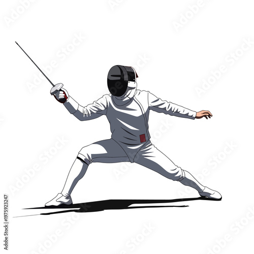 Fencer in action: Athlete wearing white uniform and mask, lunging with sword on white background