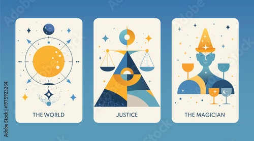 World justice magician tarot cards cosmic balance astrology symbols illustration abstract design colors mystical spirituality art graphic creative
