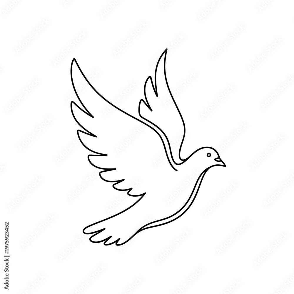 Fototapeta premium Outline drawing of a dove in flight, symbol of peace and freedom, isolated on white background