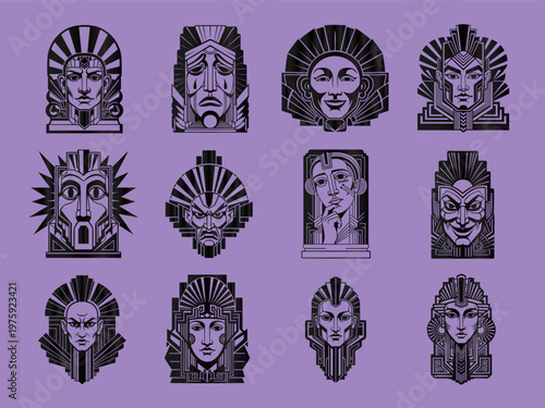 Art Deco Style Faces Collection: Diverse Geometric Vector Portraits & Emotive Masks