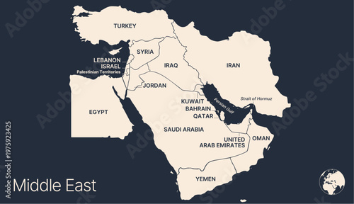 Political middle east asia map, infographic. Detailed middle east arab asia map territory, regional nations. Global asia map middle east borders. Iran, Israel, Saudi Arabia. Vector Illustration