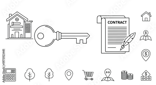 Real Estate Icons, Property Symbols, House, Contract, Business, Finance, Vector Graphics