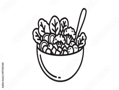 Title hand drawn illustration of a salad bowl with fresh greens and a wooden spoon description a simple black and white line drawing