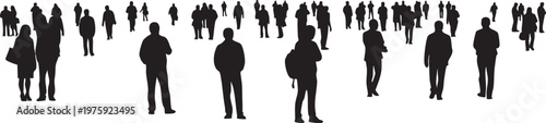 Black silhouettes, business people, crowd, standing, vector icons, illustrations, people, human figures