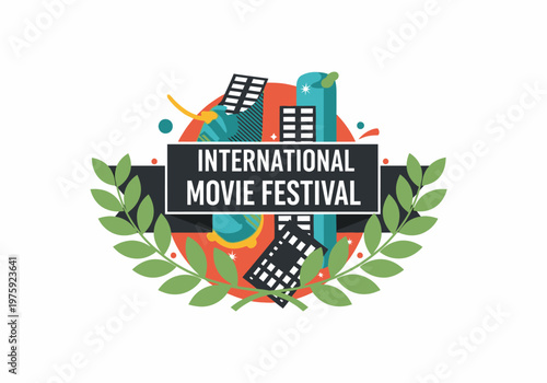 International Movie Festival Logo with Film Reels and Laurel Wreath.