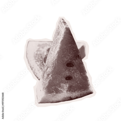 Trendy Halftone sticker mimicking collage torn out old newspaper. Vector Isolated Y2K pop art element with Retro grain dotted texture transparent background. Cut out vintage slice watermelon grunge