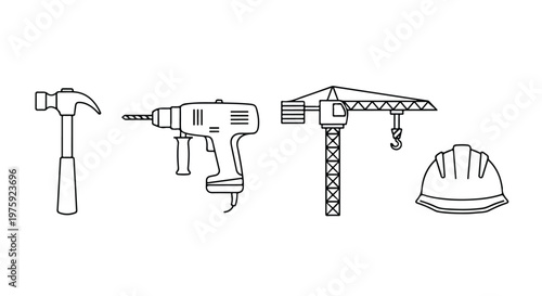 Construction tools, icons, hammer, drill, crane, hard hat, industrial equipment, building materials