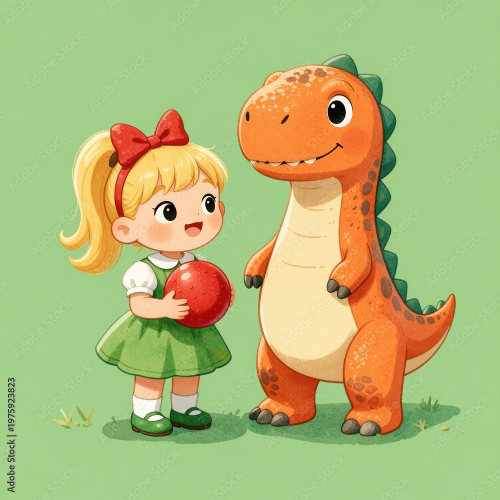 Fototapeta premium Cute Cartoon Little Girl Holding a Red Ball Standing Beside a Friendly Orange Dinosaur in a Green Grassy Field, Ideal for Childrens Books and Educational Content