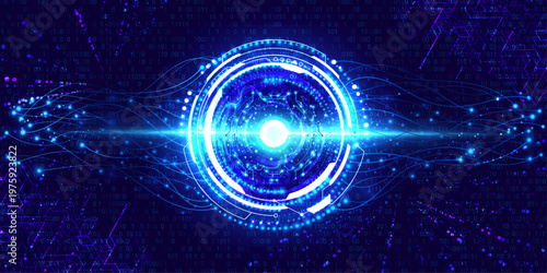 Digital data stream, futuristic light core with binary code background, fast information flow in a modern network concept.