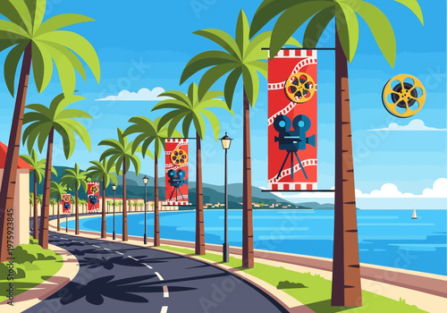 Palm trees lining a coastal road with film festival banners.