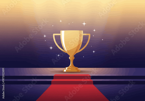 Golden Trophy on Red Carpet Stage with Sparkling Light.