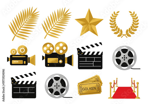Collection of Film and Cinema Elements with Golden Accents and Movie Production Icons.