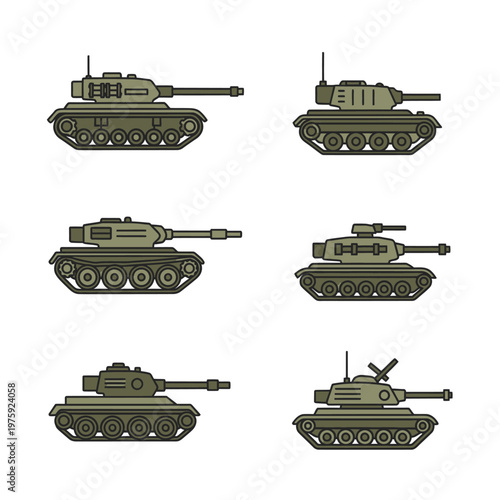 Set of six different military tanks, vector illustration on white background