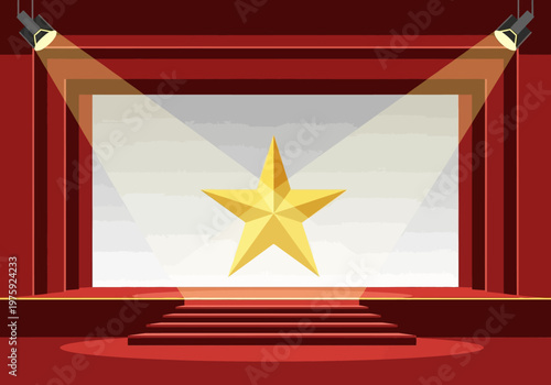 Golden Star on Stage with Spotlights and Red Curtains.