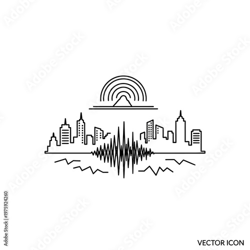 Cityscape skyline with seismic wave and abstract sun graphic, vector illustration