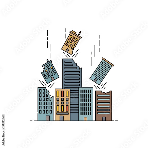 Collapsing City Buildings Illustration, Earthquake Disaster Concept
