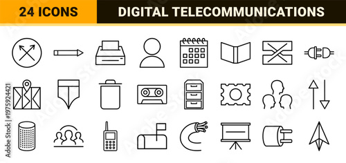 Minimalist telecommunication and digital networking outline symbols