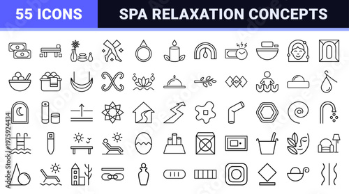Minimalist outline spa and wellness relaxation symbol collection.