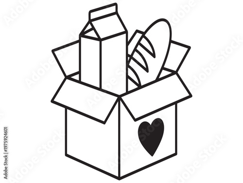 Simple black and white illustration of a cardboard box with groceries and a heart