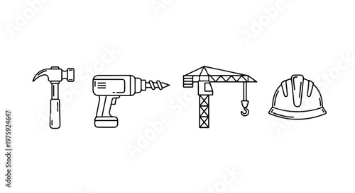 Construction tools icons, hammer, drill, screw, hard hat, building equipment set, line style