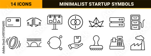 Thin line business and finance corporate symbols in minimalist geometric outline style.