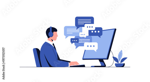 Customer support agent working at computer with chat bubbles illustration